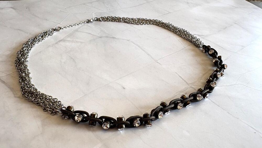 Mixed Metal Glam Collar Necklace 21" Antiqued Brass Crystal Multi Strand Chain